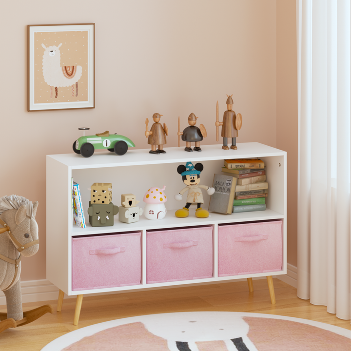 modern-kids-bookcase-with-collapsible-fabric-drawers-childrens-book-display-toy-storage-white-pink-mdf-pine-legs