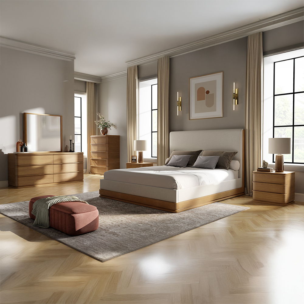 Zoey - Eastern King Bed - Beige Fabric & Oak