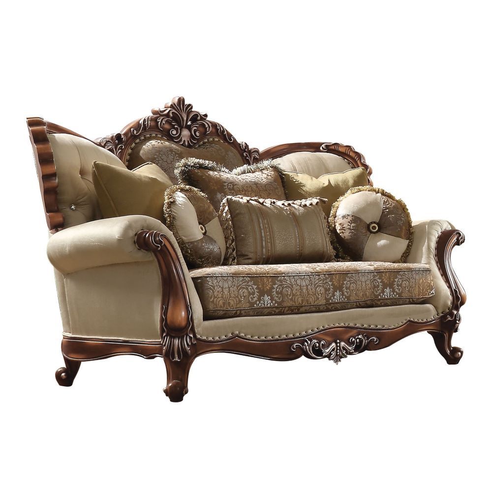 latisha-loveseat-with-6-pillows-same-lv01577-tan-pattern-fabric-antique-oak