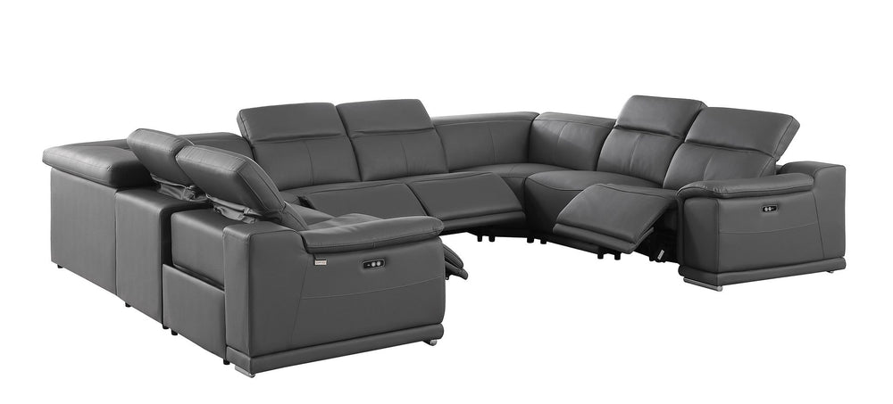 DivanItalia 9762 8-Piece U Shaped Top Grain Italian Leather Sectional Sofa with 4 Power Recliners – No Console - Dark Gray