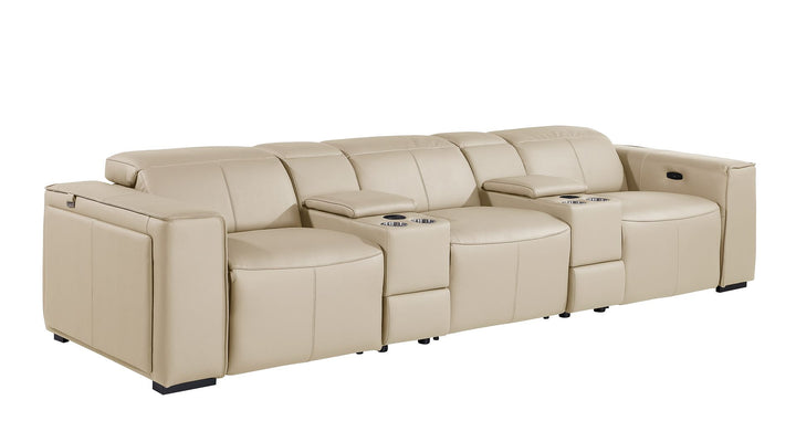 DivanItalia 1224 5-Piece Modular Power Reclining Sofa in Top Grain Italian Leather with 3 Power Recliners &amp; Power Headrests - Beige