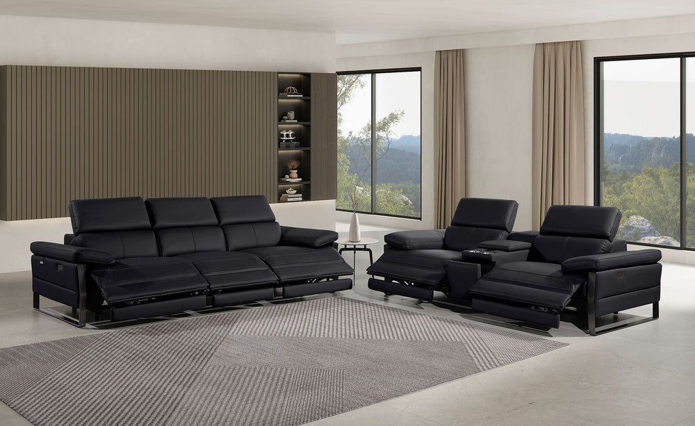 DivanItalia 1246 Modular Power Triple Reclining Sofa and Console Loveseat Set with Power Headrests – Top Grain Italian Leather - Black
