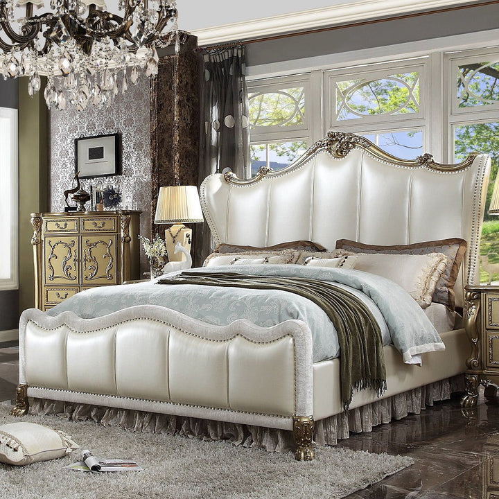 Dresden II - California King Bed - Pearl White Synthetic Leather & Gold Patina