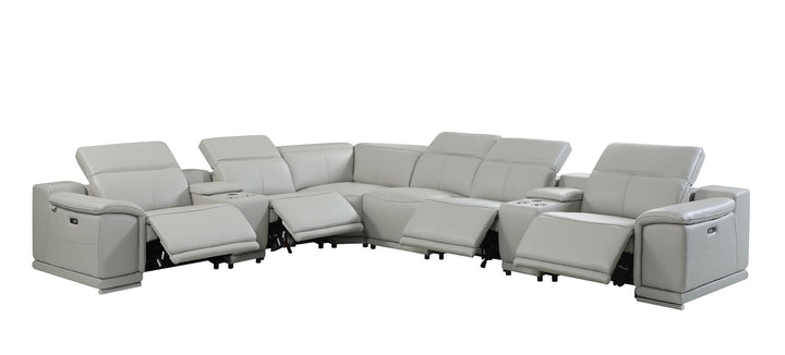 DivanItalia 9762 8-Piece L Shaped Top Grain Italian Leather Sectional Sofa with 4 Power Recliners - Light Gray