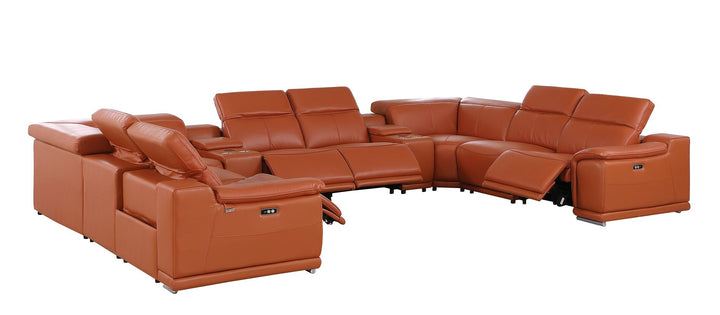 DivanItalia 9762 10-Piece U Shaped Top Grain Italian Leather Sectional Sofa with 4 Power Recliners - Camel