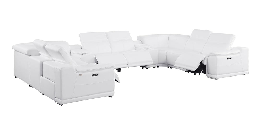 DivanItalia 9762 10-Piece U Shaped Top Grain Italian Leather Sectional Sofa with 4 Power Recliners - White