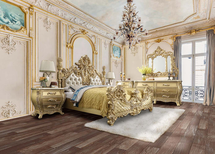 Cabriole Eastern King Bed - Light Gold Leatherette &amp; Gold