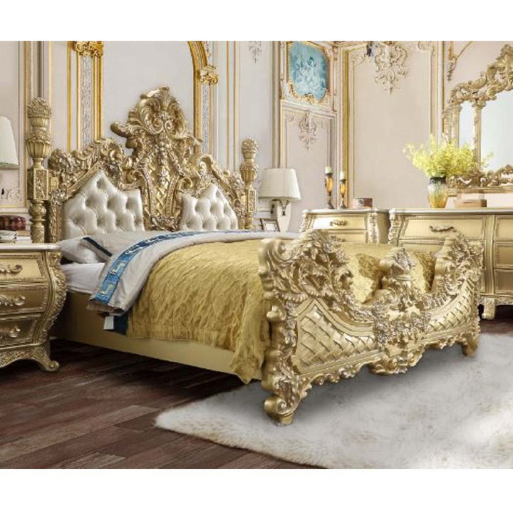 Cabriole Eastern King Bed - Light Gold Leatherette &amp; Gold
