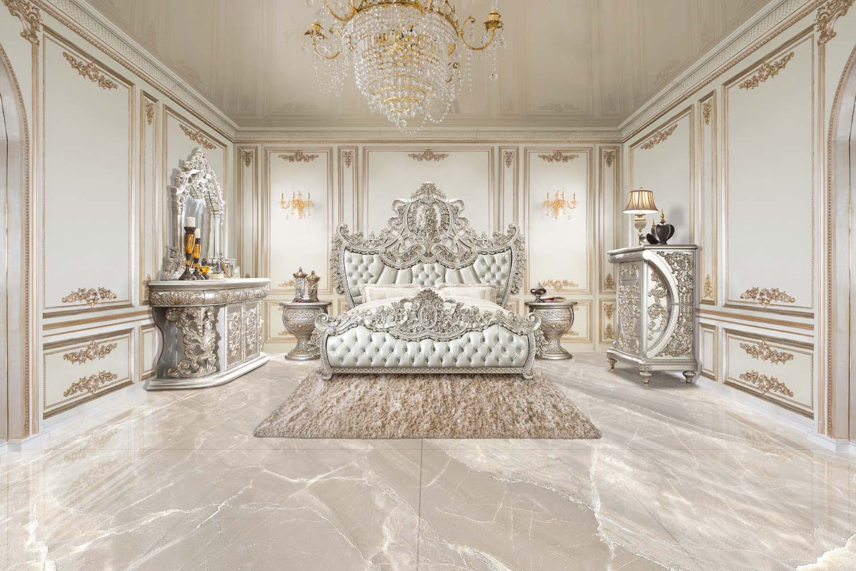 Sandoval Eastern King Bed - Beige Leatherette & Champagne