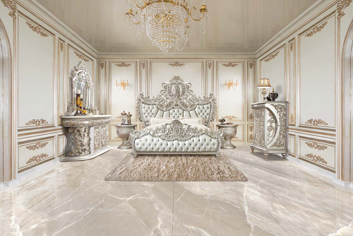 Sandoval Eastern King Bed - Beige Leatherette &amp; Champagne