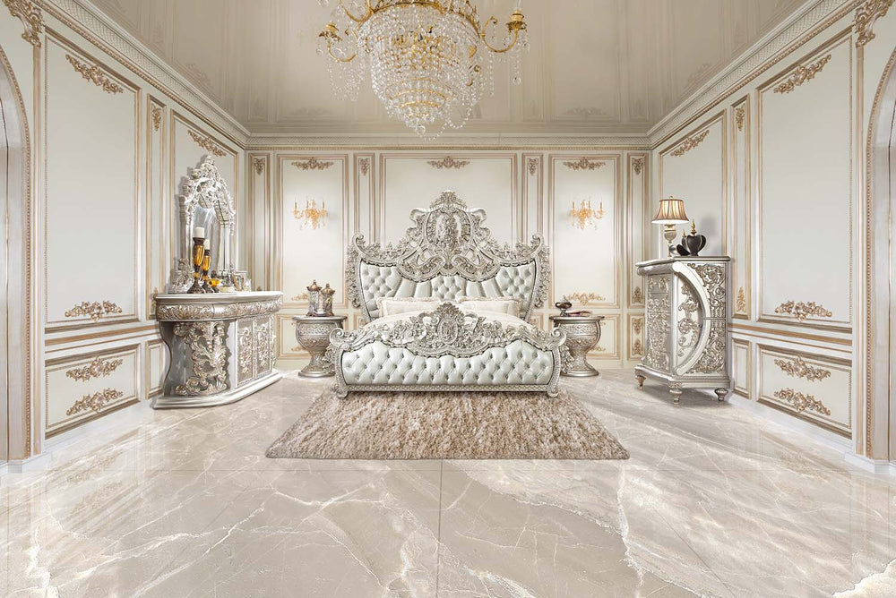 Sandoval Eastern King Bed - Beige Leatherette & Champagne