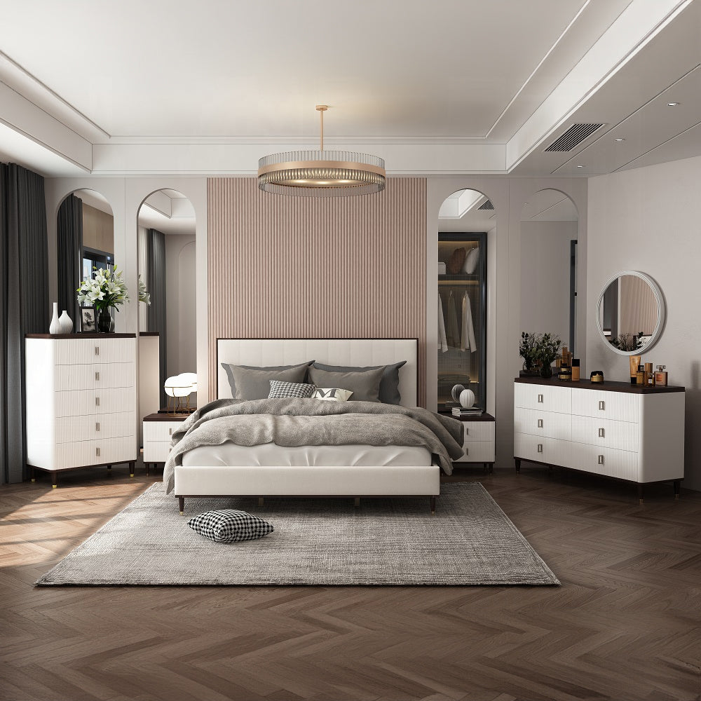 Carena queen bed with upholstered headboard in a modern bedroom