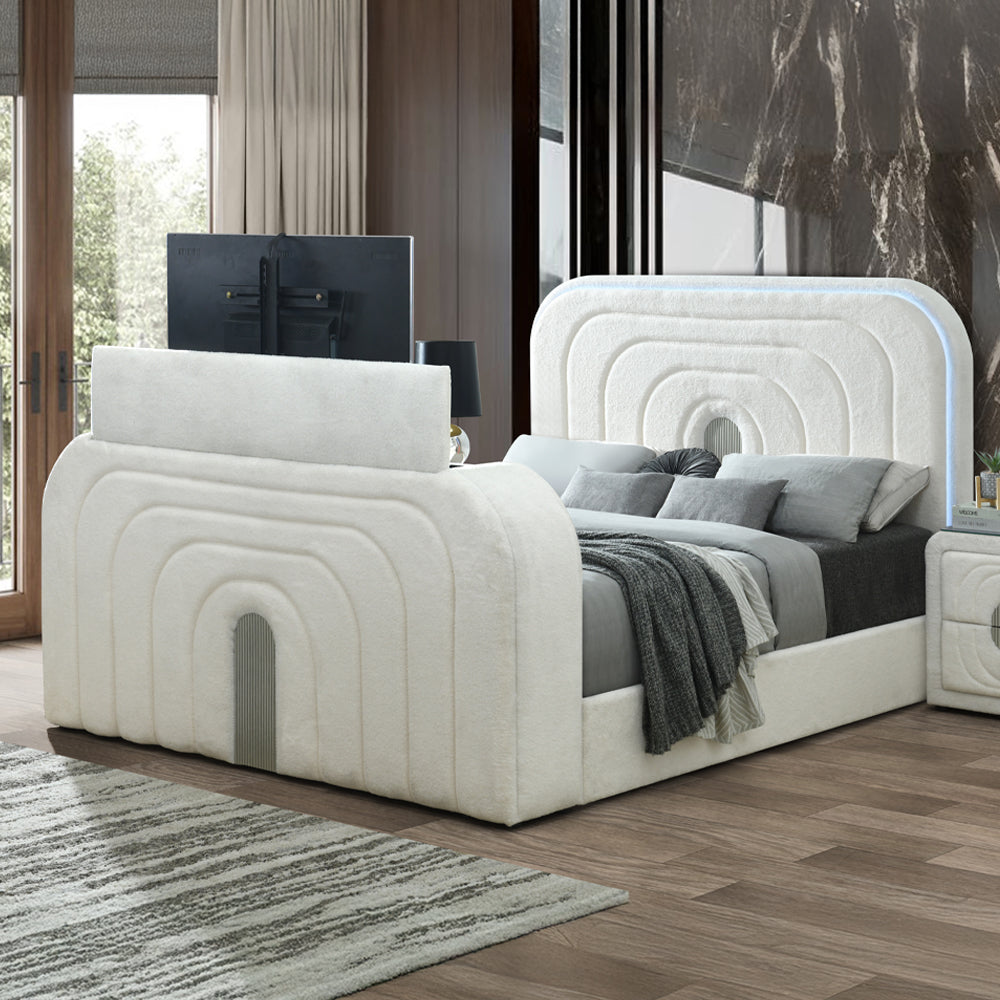 Shelyn Eastern King Bed with LED, TV Cabinet, Fireplace & Bluetooth
