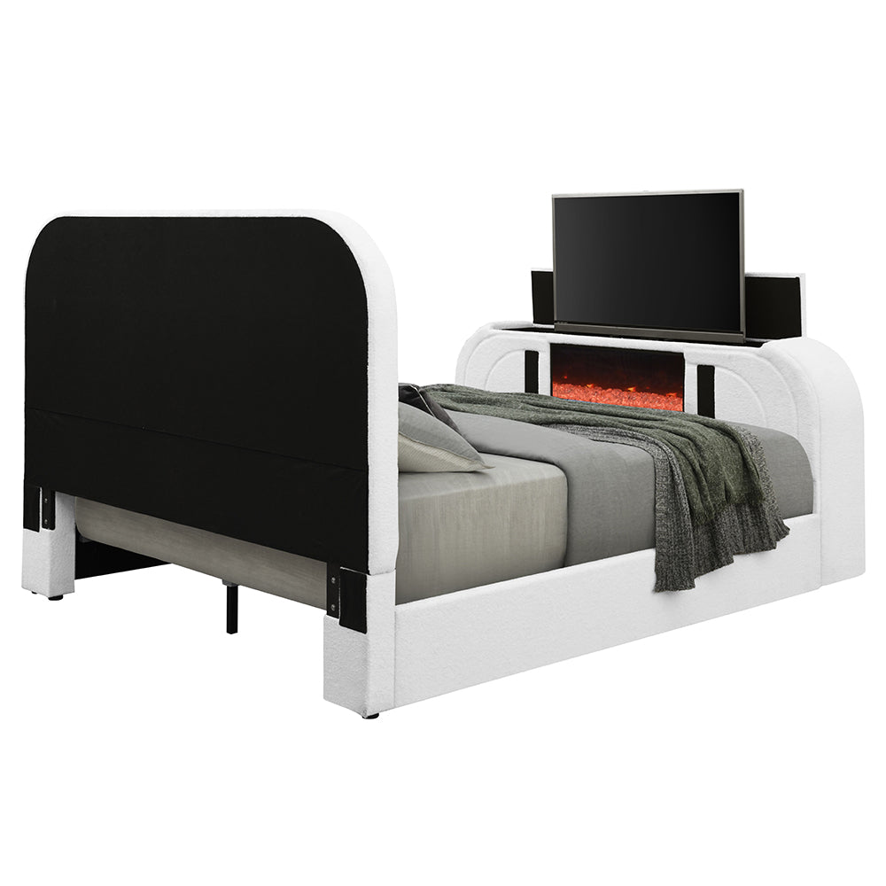 Shelyn Queen Bed with LED, TV Cabinet, Fireplace & Bluetooth
