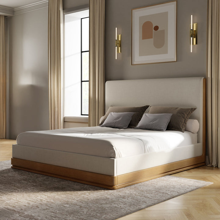 Zoey Queen Bed - Beige Fabric &amp; Oak