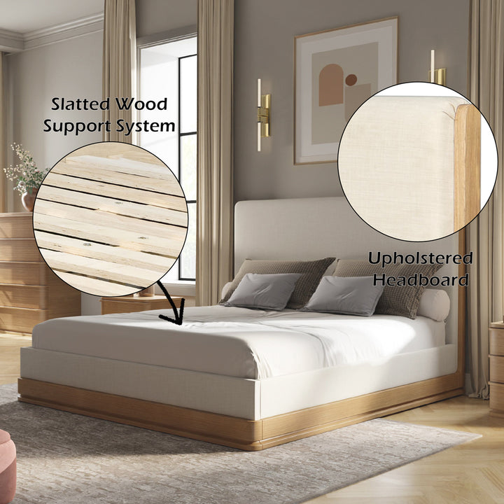 Zoey Queen Bed - Beige Fabric &amp; Oak – features