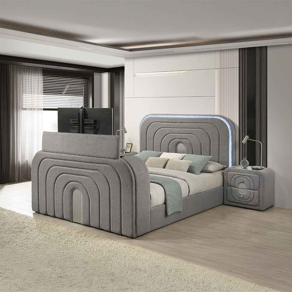 Shelyn Eastern King Bed with LED, TV Stand, Fireplace & Bluetooth