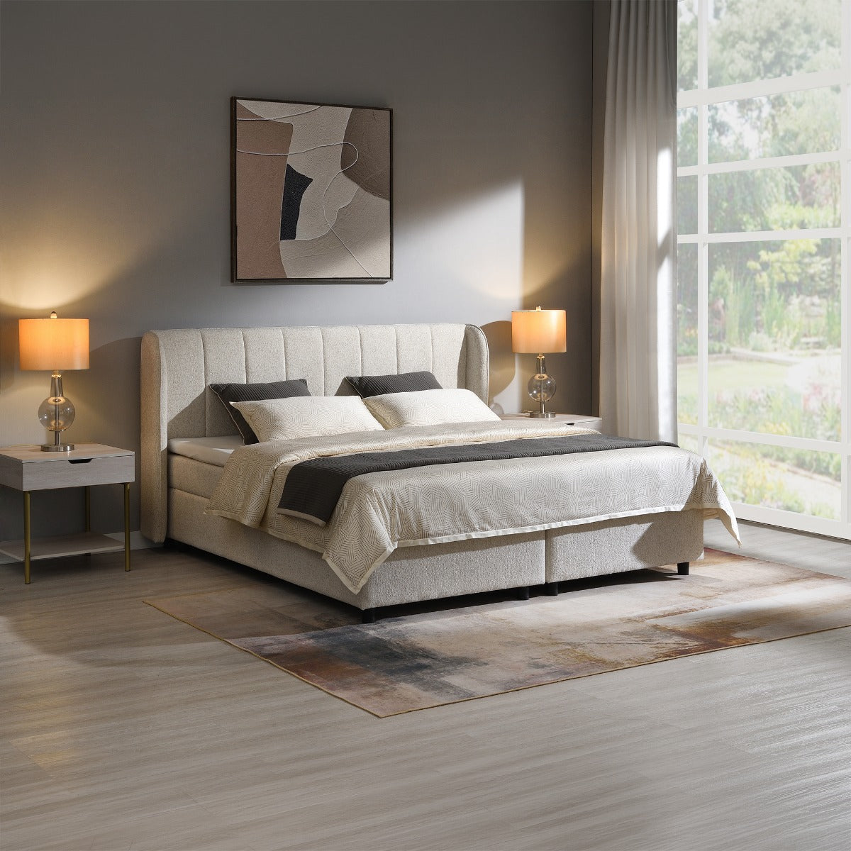 Adonia Eastern King Bed with Storage - Beige Chenille
