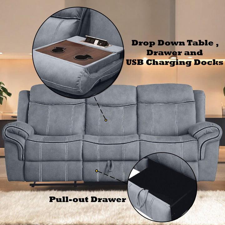 Zubaida - Two Tone Velvet Recliner Sofa With USB Port Drop Down Table - Gray