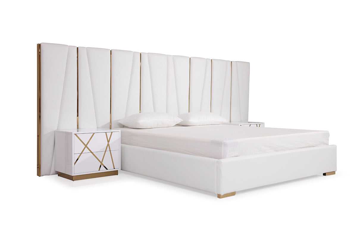 Queen Modrest Nixa Modern White Bonded Leather  and  Gold Bed
