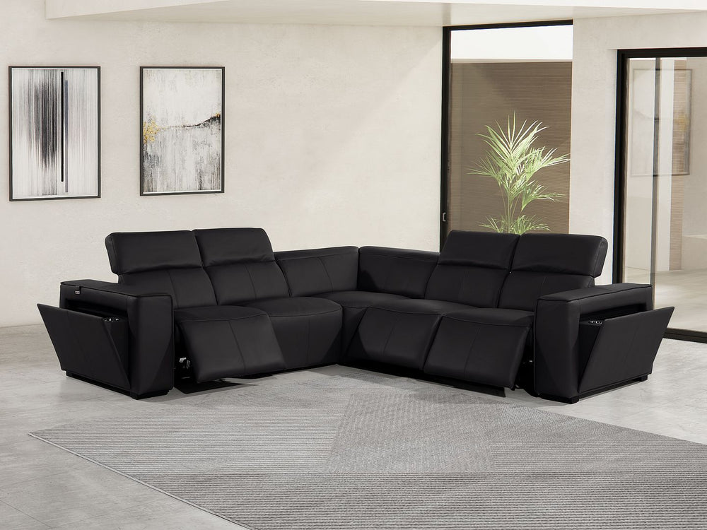 DivanItalia 1224 5-Piece L-Shaped Sectional Sofa in Top Grain Italian Leather with 3 Power Recliners & Power Headrests - Black