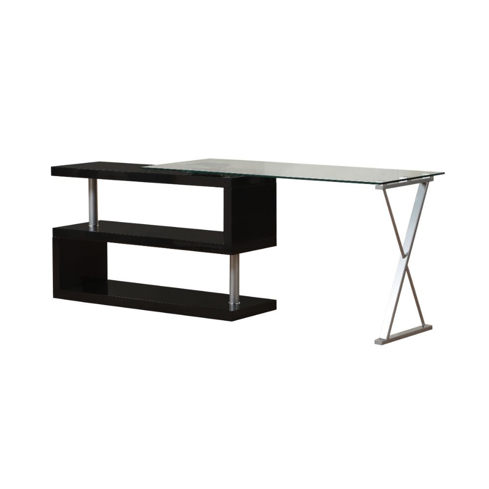 Buck - Writing Desk With Swivel - Clear Glass Top & Black High Gloss