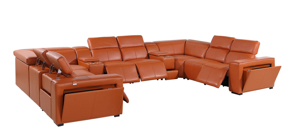 DivanItalia 1224 10-Piece U-Shaped Sectional Sofa in Top Grain Italian Leather with 4 Power Recliners & Power Headrests - Camel