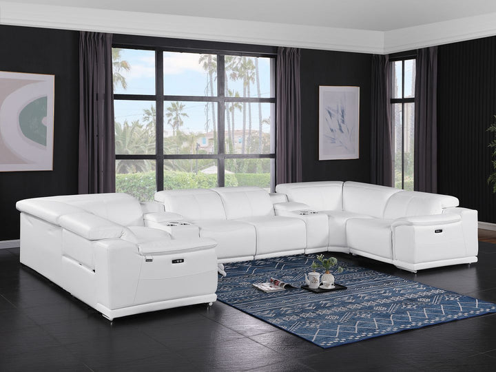 DivanItalia 9762 10-Piece U Shaped Top Grain Italian Leather Sectional Sofa with 4 Power Recliners - White