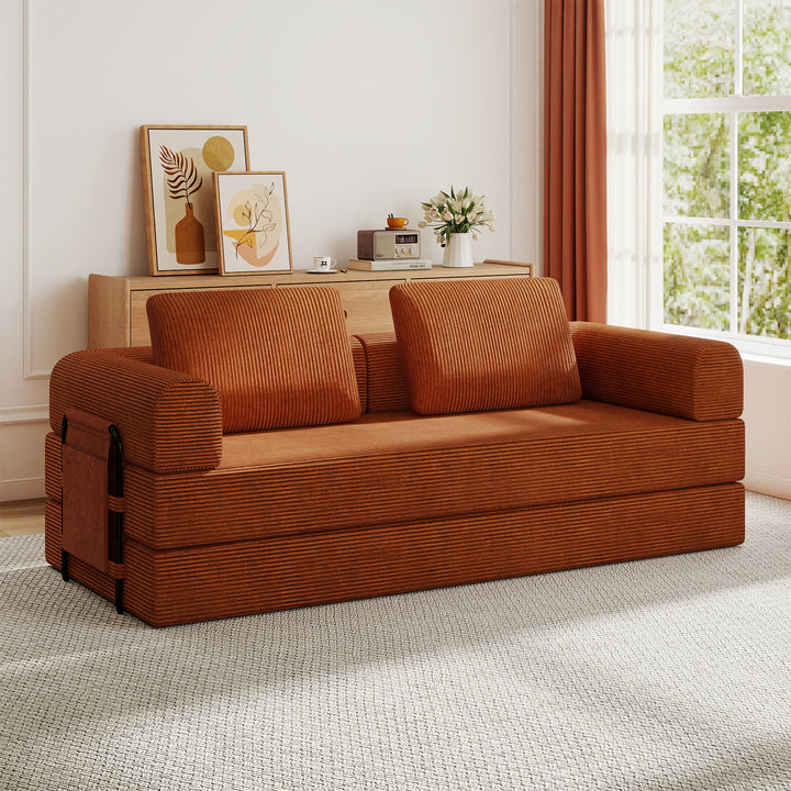 Corduroy Convertible Sleeper Sofa Bed with Pillow – Orange