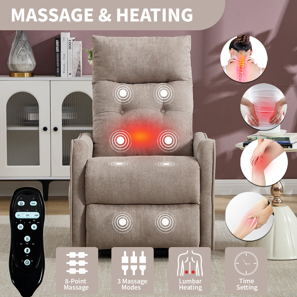 Khaki Power Lift Recliner Chair with Heat, Massage, USB Charging & Swivel for Elderly