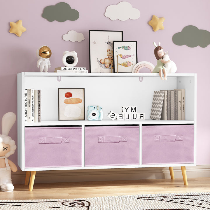 modern-kids-bookcase-with-collapsible-fabric-drawers-childrens-book-display-toy-storage-white-pink-mdf-pine-legs