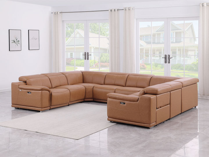 DivanItalia 9762 8-Piece U Shaped Top Grain Italian Leather Sectional Sofa with 4 Power Recliners – No Console - Cognac