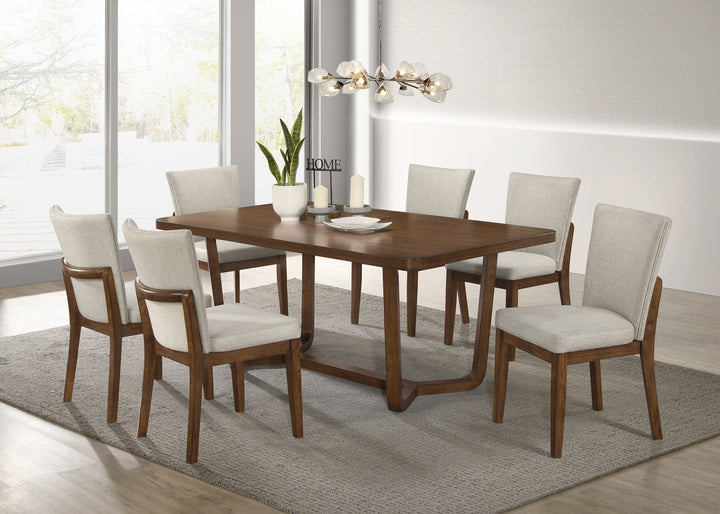 7PC Mid-century- Modern Rectangular Dining Set with Warm Wood Finish Upholstered Chairs