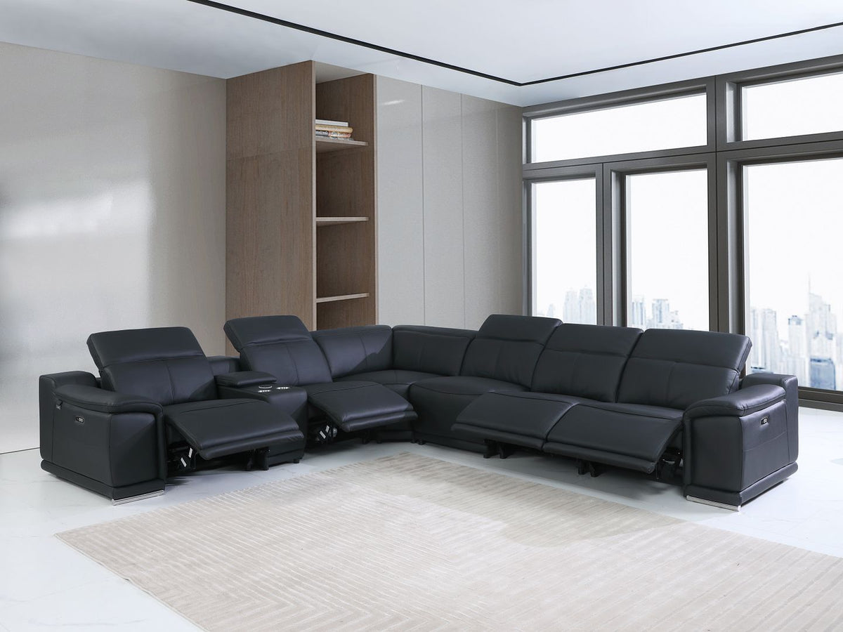 DivanItalia 9762 7-Piece L Shaped Top Grain Italian Leather Sectional Sofa with 4 Power Recliners - Black