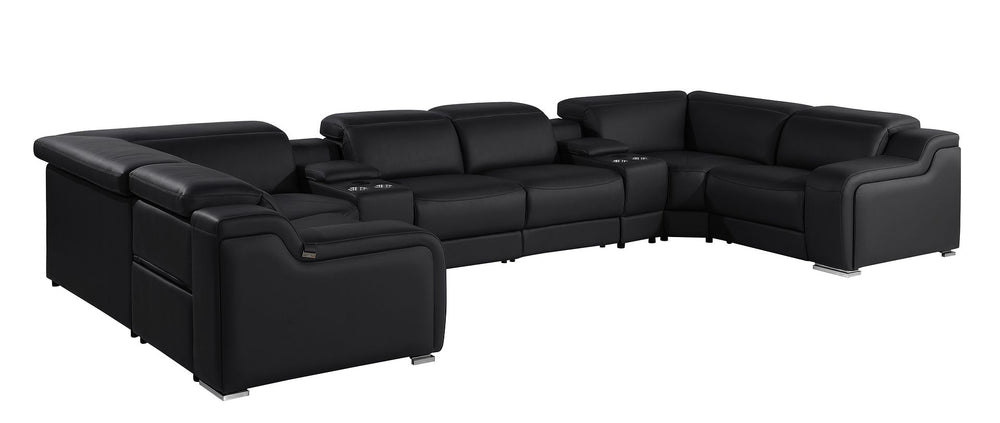 DivanItalia 1116 8-Piece U-Shaped Sectional Sofa in Top Grain Italian Leather with 2 Power Recliners & Power Headrests – with Console - Black