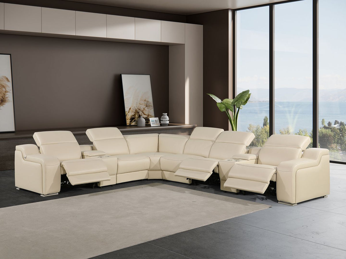 DivanItalia 1116 8-Piece L-Shaped Sectional Sofa in Top Grain Italian Leather with 3 Power Recliners & Power Headrests - Beige
