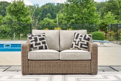 Beachcroft Outdoor Loveseat with Cushion - Beige Loveseat modern furniture Contempo Furniture