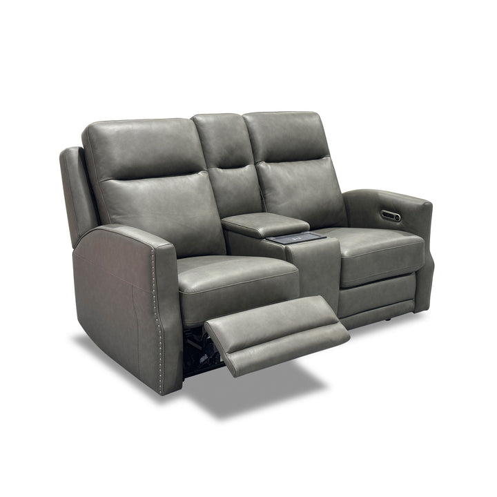 Maxwell Leather Power Reclining Loveseat with Console, Power Headrests and Lumbar in Cinder