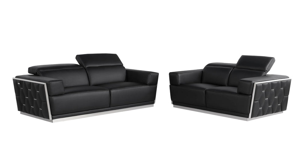 DivanItalia 1111 2-Piece Sofa Set with Adjustable Headrest in Top-Grain Italian Leather - Black