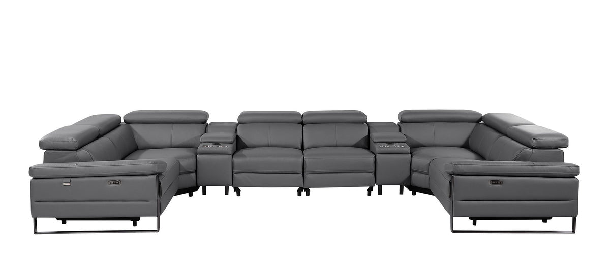 DivanItalia 1246 8-Piece U-Shaped Modular Power Reclining Sectional with 4 Power Recliners and Power Headrests – Top Grain Italian Leather – with Console - Dark Gray