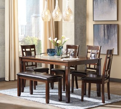 Bennox Dining Table and Chairs with Bench (Set of 6) - Dark Brown 6 Piece Dining Room Set modern furniture Contempo Furniture