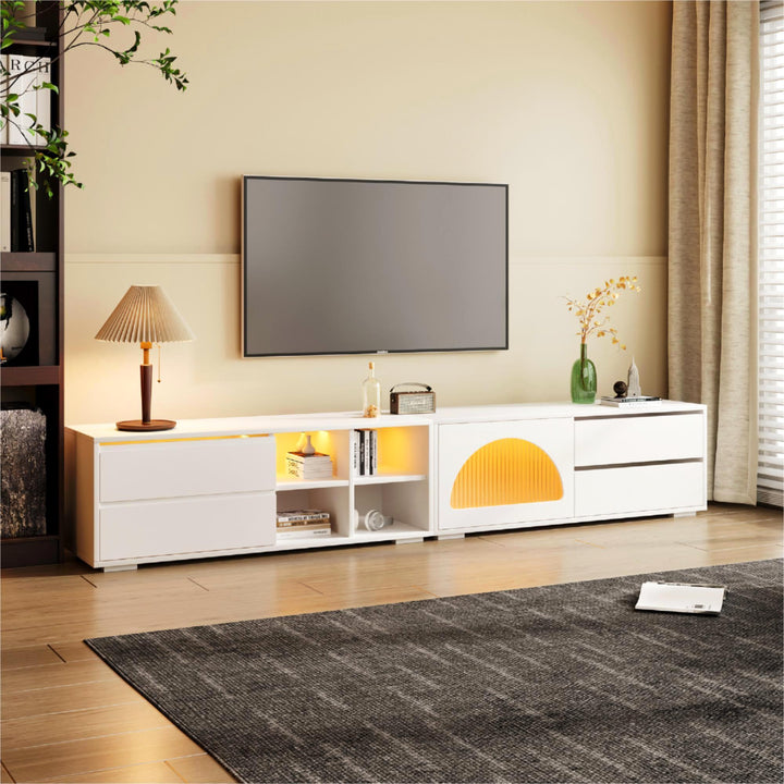 Modern TV Stand with Fluted Glass Door and LED Light for up to TV 100", White