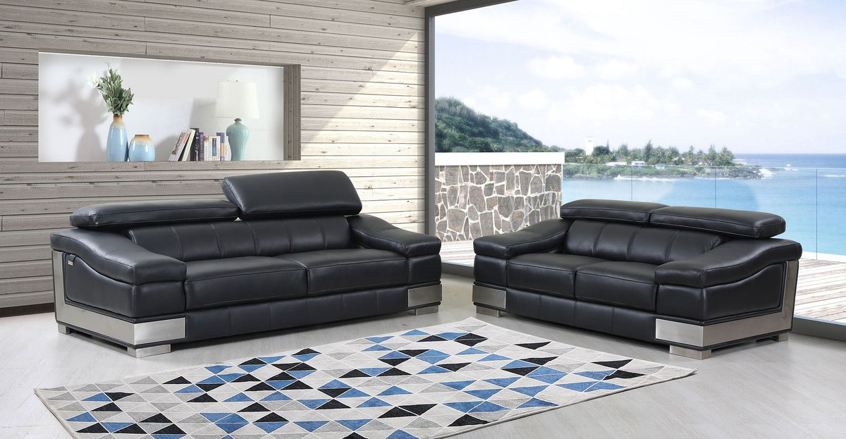 DivanItalia 415 2-Piece Sofa Set with Adjustable Headrest in Top-Grain Italian Leather - Black