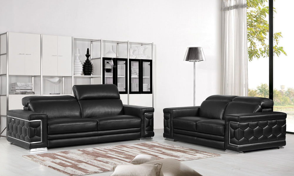 DivanItalia 692 2-Piece Sofa Set with Adjustable Headrest in Top-Grain Italian Leather - Black