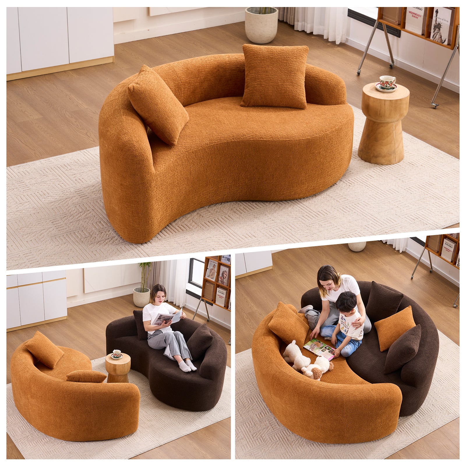 S-Compact Curved Chenille Sectional Sofa, Orange