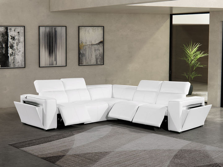 DivanItalia 1224 5-Piece L-Shaped Sectional Sofa in Top Grain Italian Leather with 3 Power Recliners &amp; Power Headrests - White