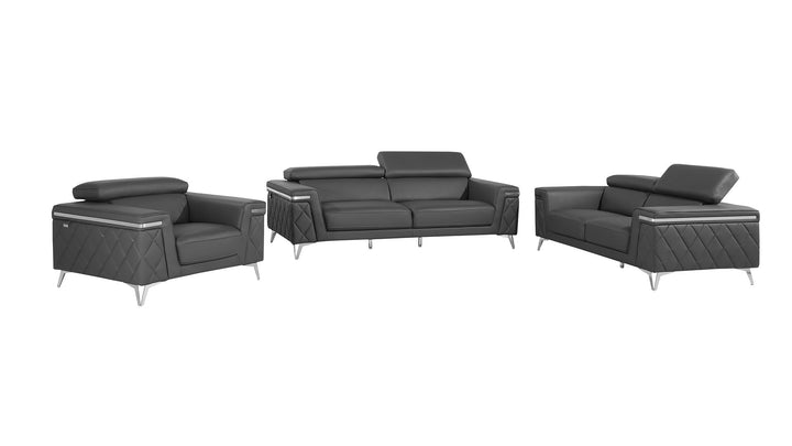 DivanItalia 1140 3-Piece Sofa Set with Adjustable Headrest in Top-Grain Italian Leather - Dark Gray