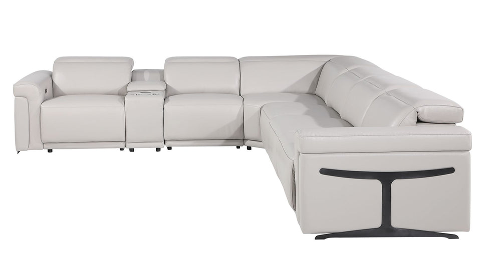 DivanItalia 1126 7-Piece L-Shaped Sectional Sofa in Top Grain Italian Leather with 3 Power Recliners & Power Headrests - Light Gray