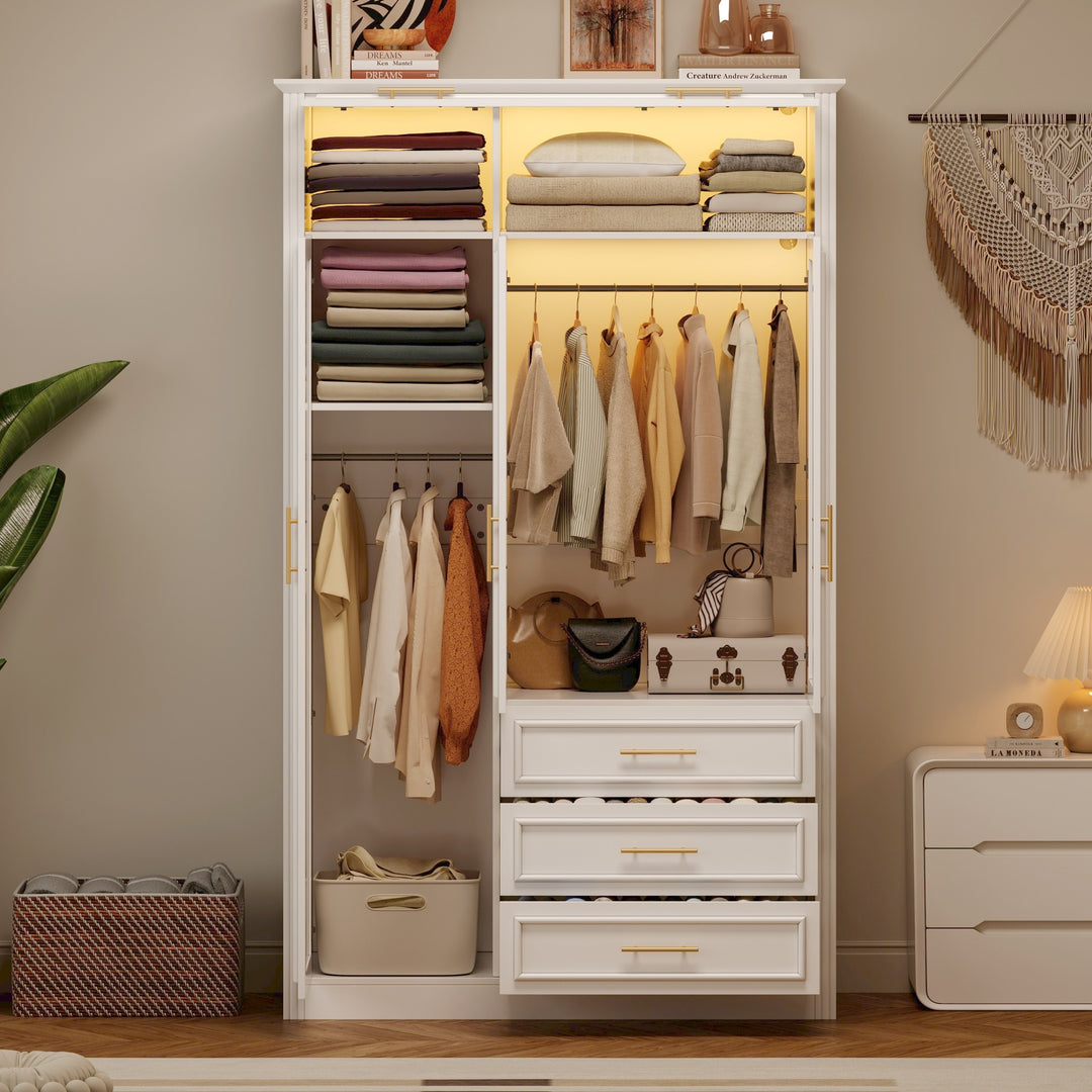Modern white beige wardrobe with LED lights and golden handles
