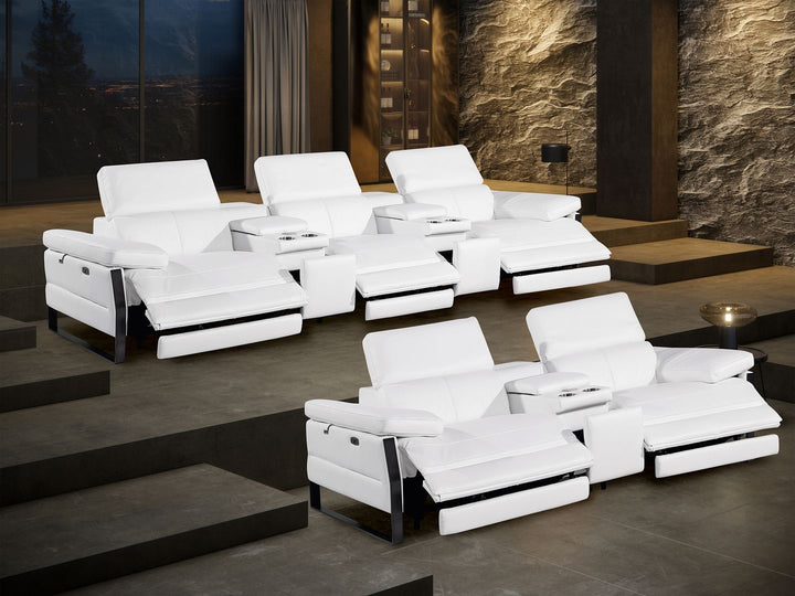 DivanItalia 1246 Modular Power Reclining Dual Console Sofa and Console Loveseat Set with Power Headrests – Top Grain Italian Leather - White
